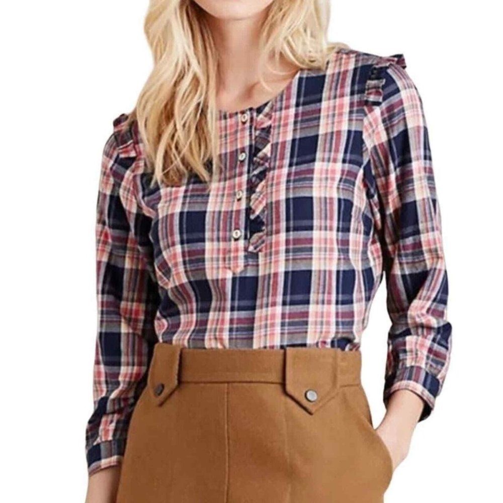Anthropologie Isabella Sinclair Blue Pink Plaid Ruffle Flannel Popover Top Large